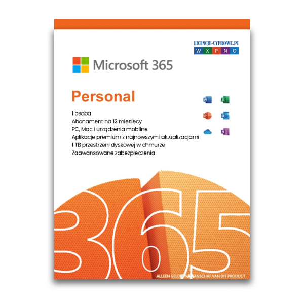 Subskrypcja Office Microsoft 365 Personal na 1 rok, 1 użytkownik, licencja przez e-mail